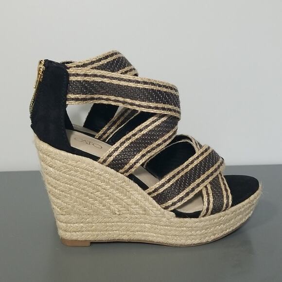Cato Black and Tan Espadrille Wedge Sandals - Picture 1 of 8